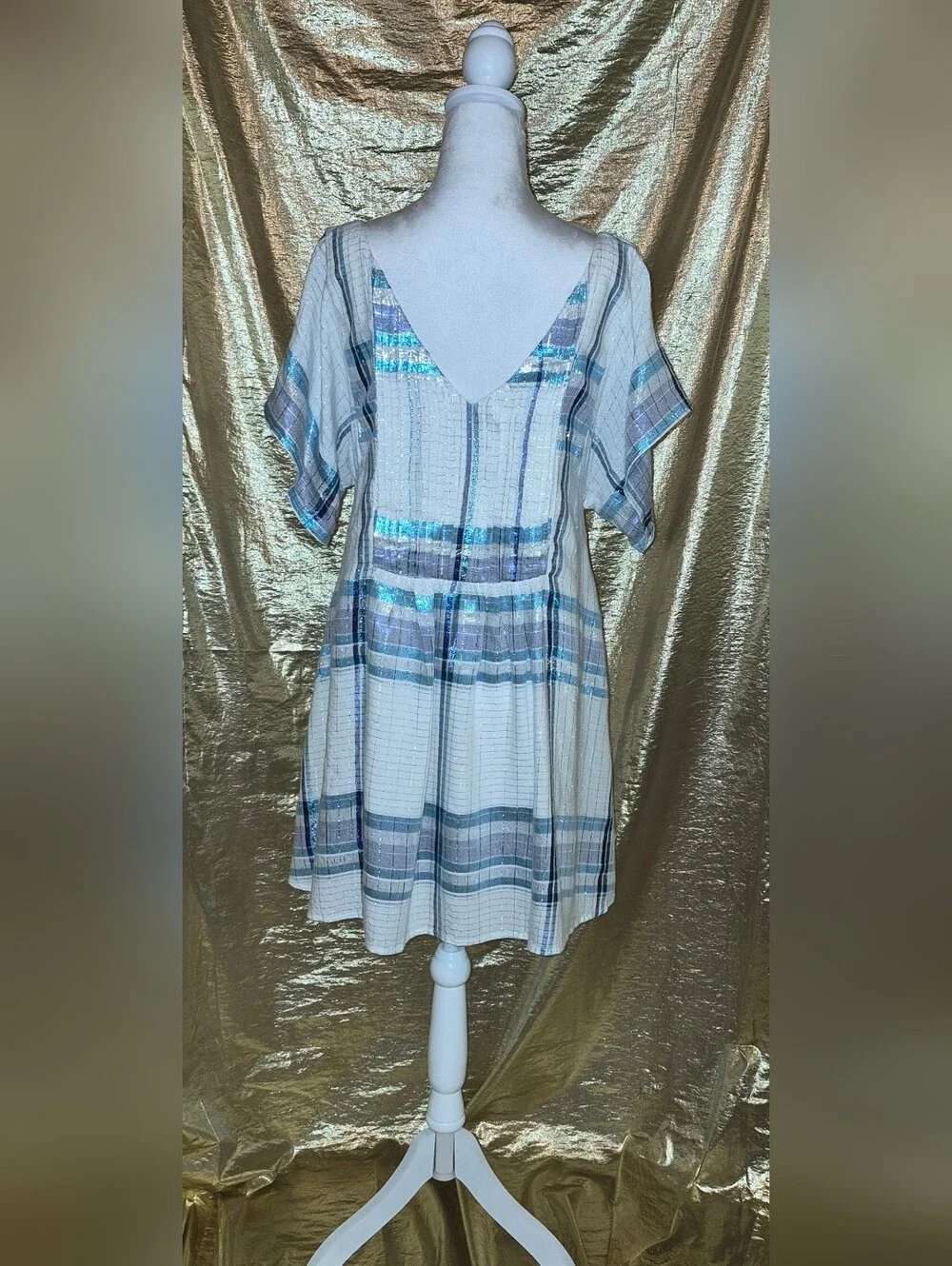 Free People White Smocked Square-Neck Mini Dress with Blue Metallic Stripes